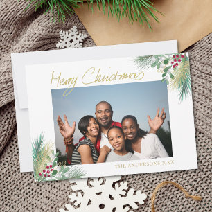Tarjeta Festiva Navidades de fotos de Merry Christmas Gold Berries