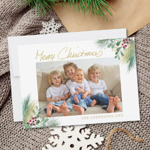 Tarjeta Festiva Navidades de fotos de Merry Christmas Gold Berries