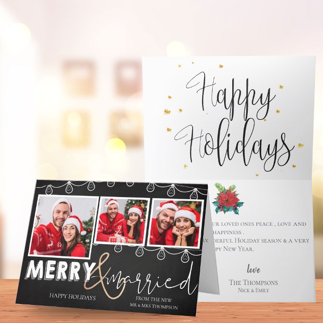 Tarjeta Festiva Navidades De Fotos De Merry Y Black White Casados (Merry And Married Black White 3 Photos Christmas Holiday Card)