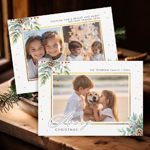 Tarjeta Festiva Navidades de fotos de niños con marco dorado de la