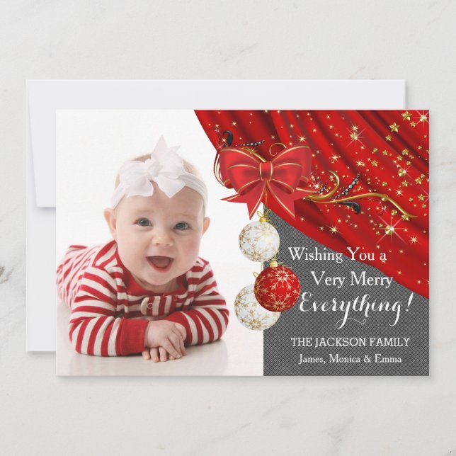 Tarjeta Festiva Navidades de fotos de ornamentos rojos (Anverso)