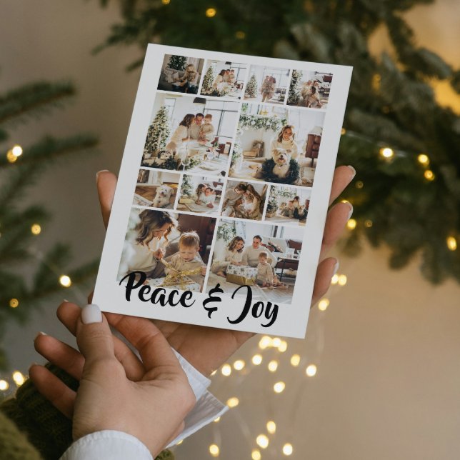 Tarjeta Festiva Navidades de fotos de paz y alegría personalizados (Peace and Joy Photo Christmas Personalized Holiday Card by Ricaso add 12 photographs, make your own)