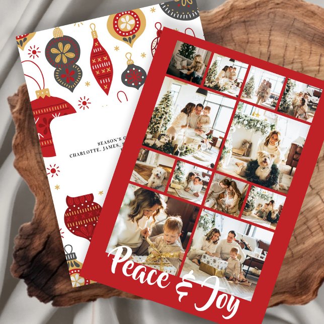 Tarjeta Festiva Navidades de fotos de paz y alegría personalizados (Peace and Joy Photo Christmas Personalized Holiday Card by Ricaso. Add your own 12 photographs)
