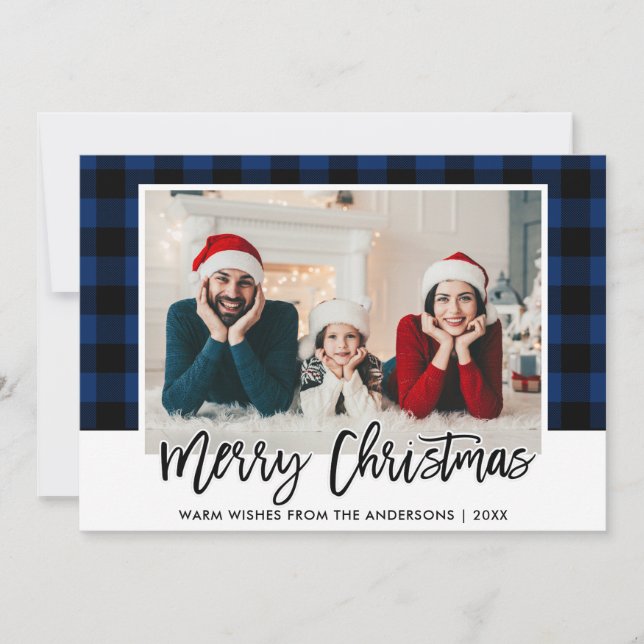 Tarjeta Festiva Navidades de fotos de pincel azul con guión modern (Anverso)