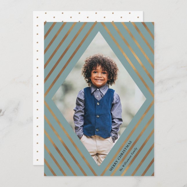 Tarjeta Festiva Navidades de fotos de rayas de diamante dorado (Anverso / Reverso)