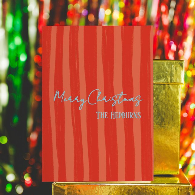 Tarjeta Festiva Navidades de fotos de rayas rojas audaces (Cheerful and bold, this photo holiday card features playful typography and red hand-drawn stripes.)
