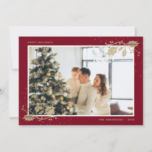 Tarjeta Festiva Navidades de fotos de Red Gold Holly Snowflakes