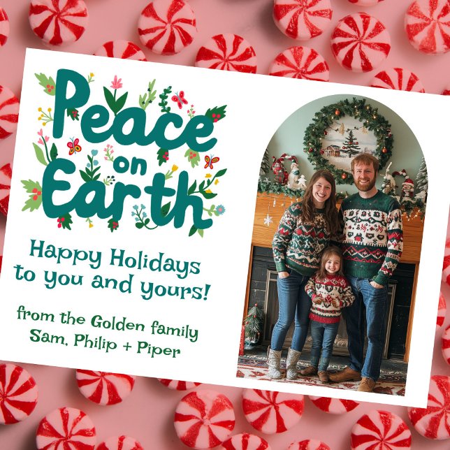 TARJETA FESTIVA NAVIDADES DE FOTOS DEL PERSONALIZADO DE LA PAZ EN  (PEACE ON EARTH CUSTOM Arch PHOTO Christmas Holiday
Card)