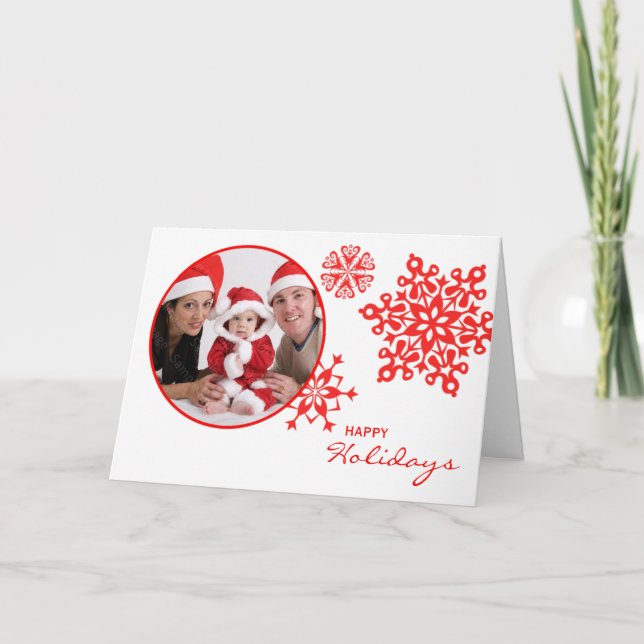 Tarjeta Festiva Navidades de fotos doblados de copos de nieve rojo (Anverso)