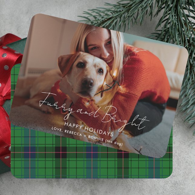 Tarjeta Festiva Navidades de Fotos Furry and Bright (Furry and Bright Photo Tartan Christmas Holiday Card)