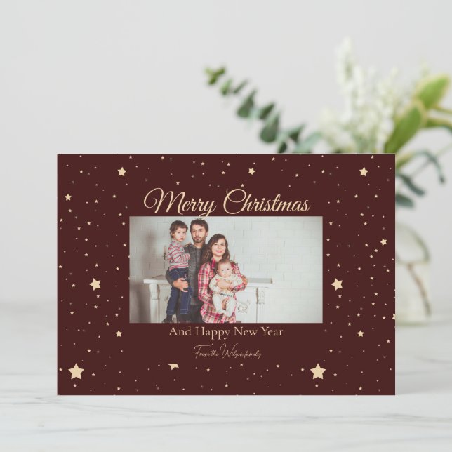 Tarjeta Festiva Navidades de fotos nocturnas Red and Gold Starry (Anverso de pie)