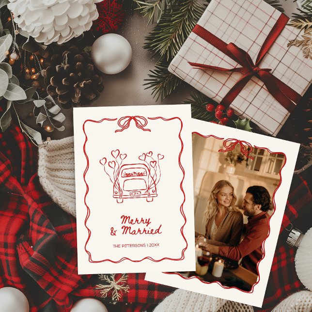 Tarjeta Festiva Navidades de fotos rojas dibujados a mano con merr (Merry & Married Hand-drawn Red Festive Vintage Retro Christmas Card with Photo)