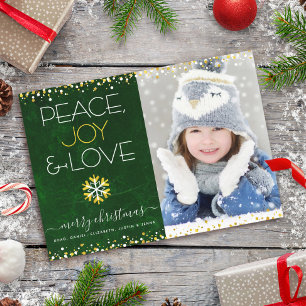 Tarjeta Festiva Navidades de fotos verdes de Peace Joy Love Snowfl