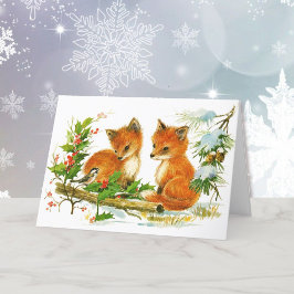 Tarjeta Festiva Navidades de Foxes y Chickadee amigos de Woodland