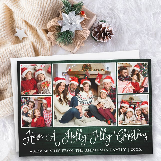 Tarjeta Festiva Navidades de Fun Calligraphy Green Wood Holly Joll (Customize to add text to back of card.)