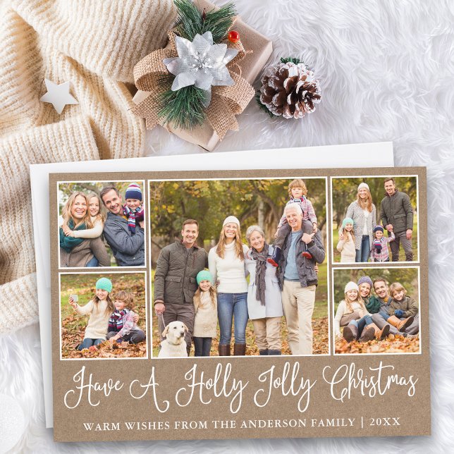 Tarjeta Festiva Navidades de Fun Calligraphy Kraft Holly Jolly (Customize to add text to back of card.)