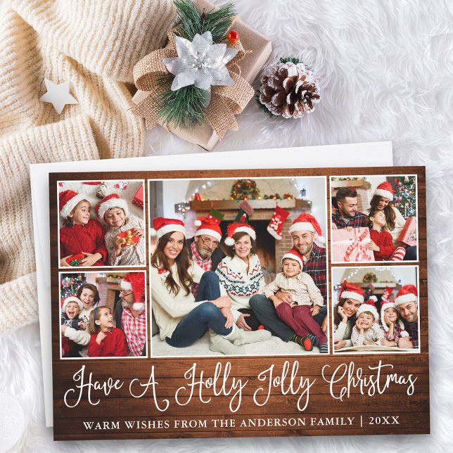 Tarjeta Festiva Navidades de Fun Calligraphy Wood Holly Jolly (Customize to add text to back of card.)