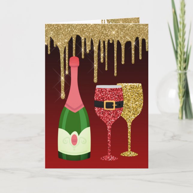 Tarjeta Festiva Navidades de gafas de champán de oro y rojo purpur (Anverso)