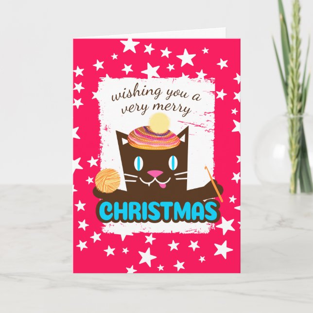 Tarjeta Festiva Navidades de gato divertidos gorra crochet gancho  (Anverso)