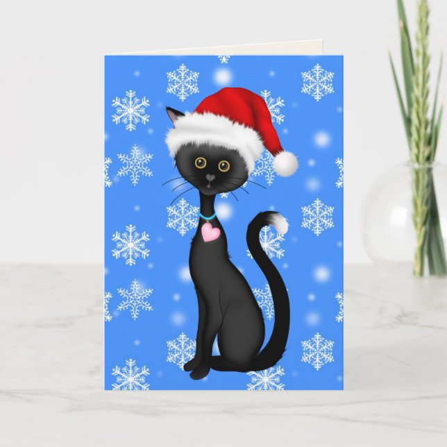 Tarjeta Festiva Navidades de gato negro, sombrero de Santa y copos (Anverso)