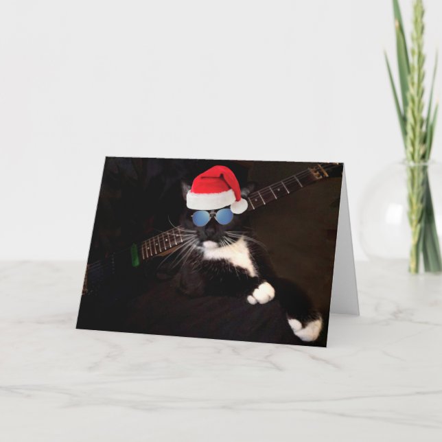 Tarjeta Festiva Navidades De Gato Y Guitarra De Guay (Anverso)