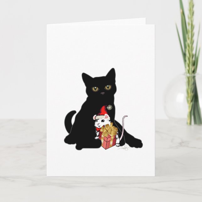 Tarjeta Festiva Navidades de gato y ratón blanco negros (Anverso)