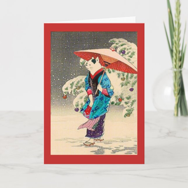 Tarjeta Festiva Navidades de gatos ukiyoe japoneses y vacaciones (Anverso)