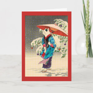 Tarjeta Festiva Navidades de gatos ukiyoe japoneses y vacaciones
