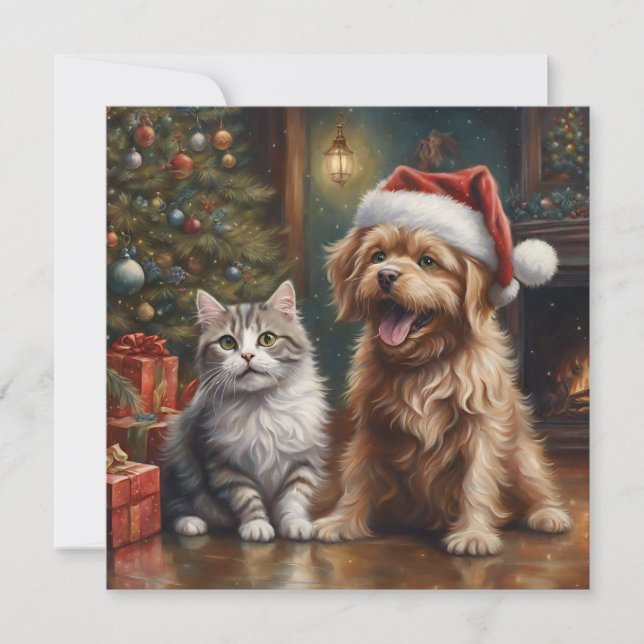 Tarjeta Festiva Navidades de gatos y perros Personalizados (Anverso)