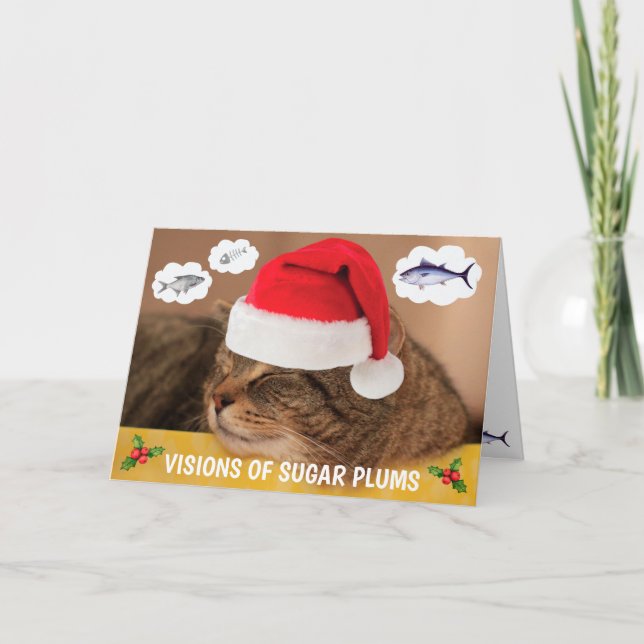 Tarjeta Festiva Navidades De Gatos Y Pescados Cuidados (Anverso)