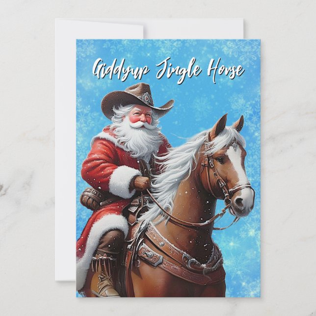 Tarjeta Festiva Navidades de Giddyup Jingle Horse Santa Claus (Anverso)