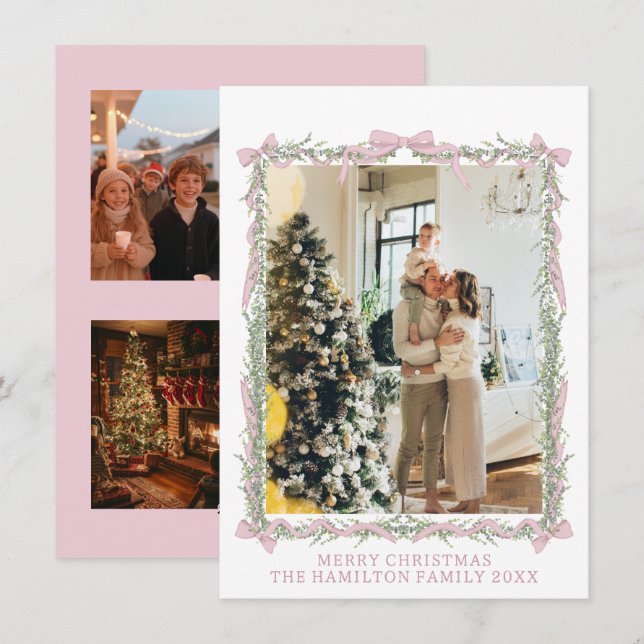 Tarjeta Festiva Navidades de Gingham Green Bow 5 Foto (Anverso / Reverso)