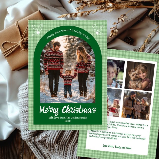 Tarjeta Festiva Navidades de Gingham Green Personalizado Arch 5 Fo (Gingham Christmas Green Custom Arch 5 Photo Holiday Card
)