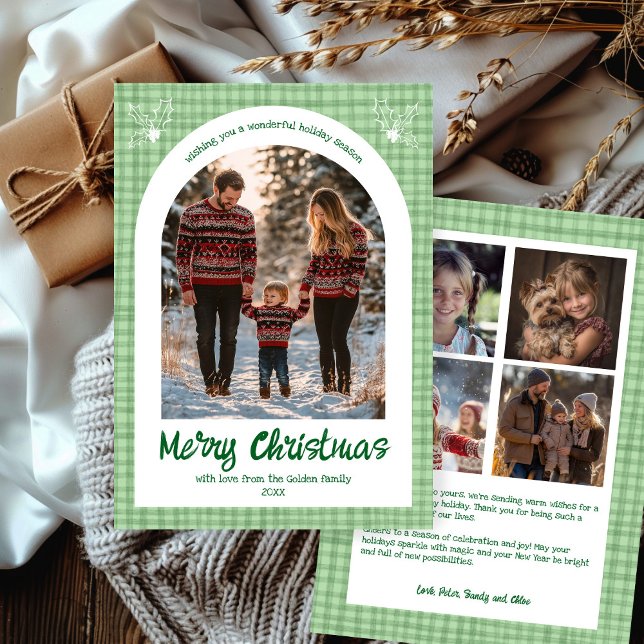 Tarjeta Festiva Navidades de Gingham Green Personalizado Arch 5 Fo (Gingham Christmas Green Custom Arch 5 Photo Holiday Card
)