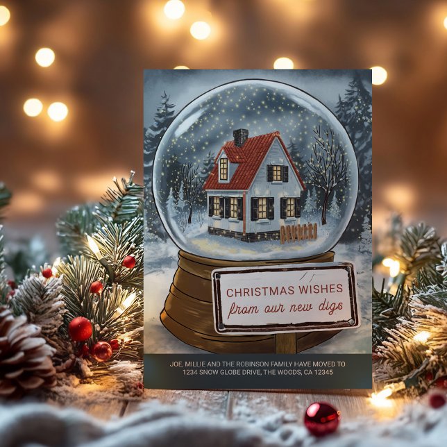 Tarjeta Festiva Navidades de glóbulos de nieve desean de nuevos ce (Snow Globe christmas wishes from new digs - holiday moving announcement cards by Darling & May)