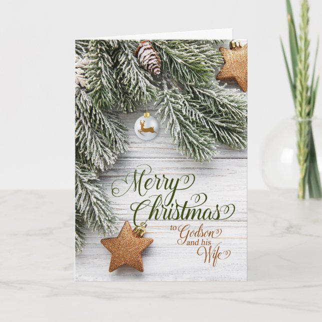 Tarjeta Festiva Navidades de Godson y Esposas Snowy Pine y Estrell (Anverso)