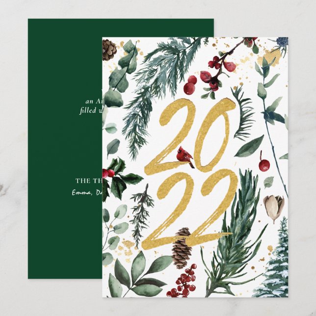 Tarjeta Festiva navidades de Gold Pine Bough Magnolia 2022 (Anverso / Reverso)