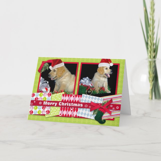 Tarjeta Festiva Navidades de Golden Retriever cachorros (Anverso)