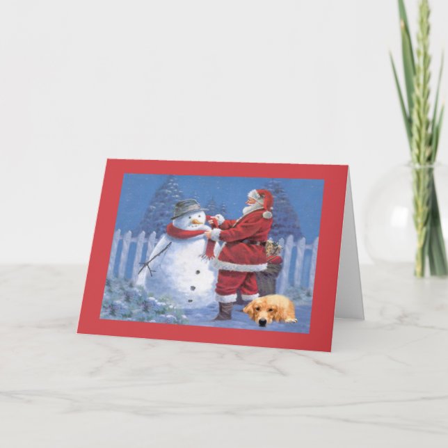 Tarjeta Festiva Navidades de Golden Retriever Card Santa Snowman2 (Anverso)