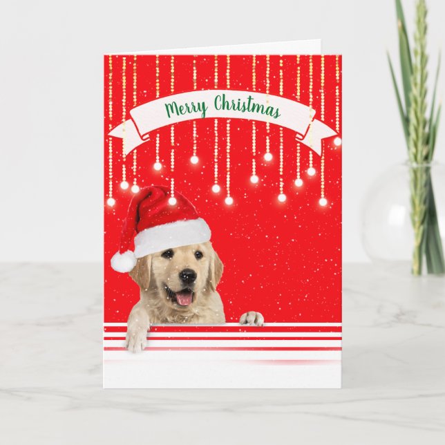 Tarjeta Festiva Navidades de Golden Retriever con copos de nieve (Anverso)