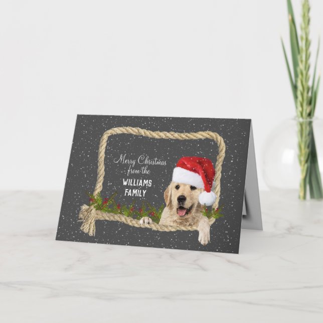 Tarjeta Festiva Navidades de Golden Retriever con marco de cuerda (Anverso)