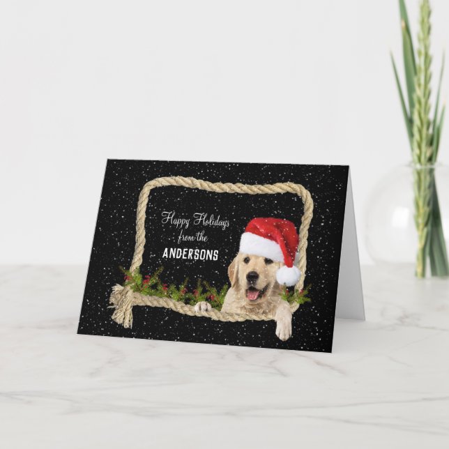 Tarjeta Festiva Navidades de Golden Retriever con marco de cuerda (Anverso)