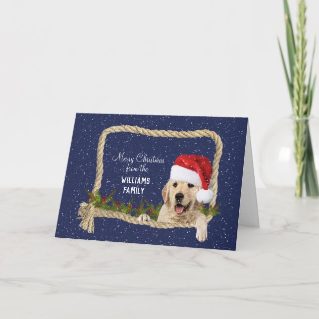 Tarjeta Festiva Navidades de Golden Retriever con marco de cuerda (Anverso)