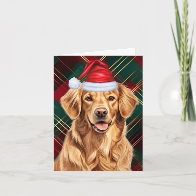 Tarjeta Festiva Navidades de Golden Retriever Dog Red Green Plaid (Anverso)