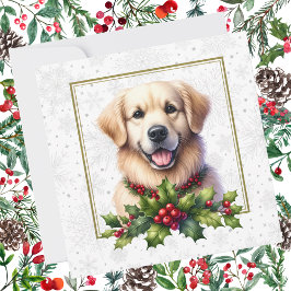 Tarjeta Festiva Navidades de Golden Retriever Holly Snowflakes