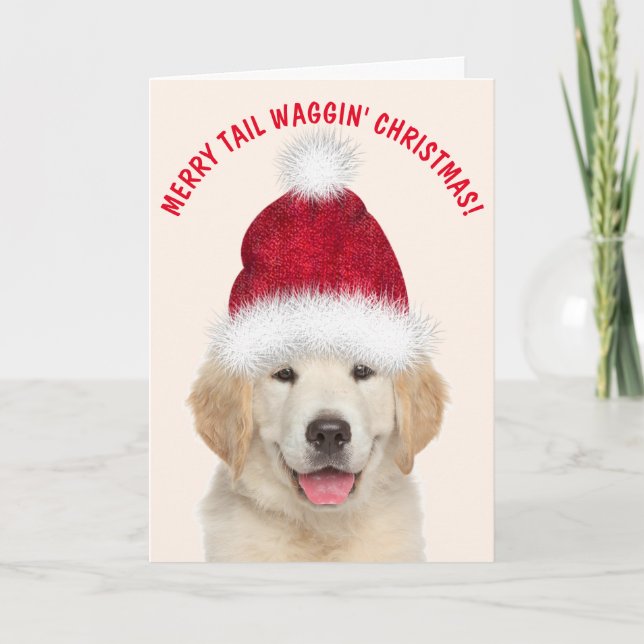 Tarjeta Festiva Navidades de Golden Retriever Puppy Tail Waggin (Anverso)