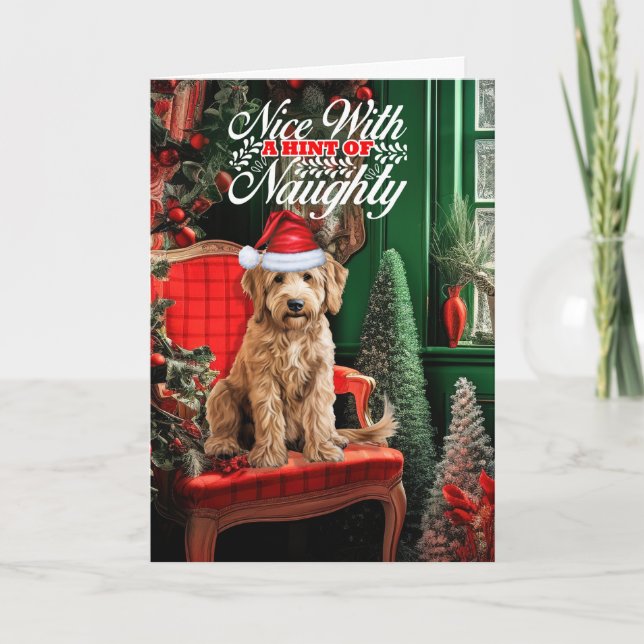 Tarjeta Festiva Navidades de Goldendoodle Dog Naughty Nice (Anverso)