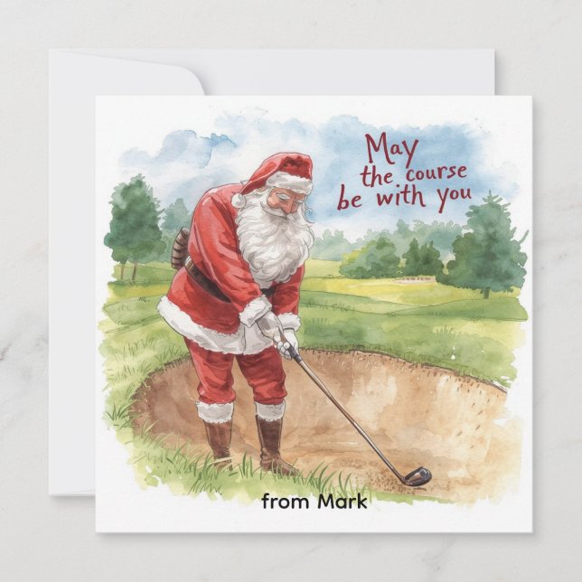 Tarjeta Festiva Navidades de golf con Santa Golfer en el campo de  (Anverso)