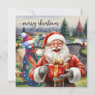 Tarjeta Festiva Navidades de golf con Santa Golfer en el campo de