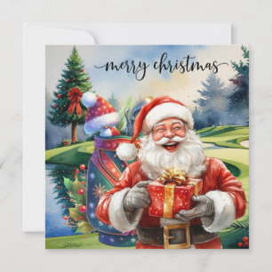 Tarjeta Festiva Navidades de golf con Santa Golfer en el campo de